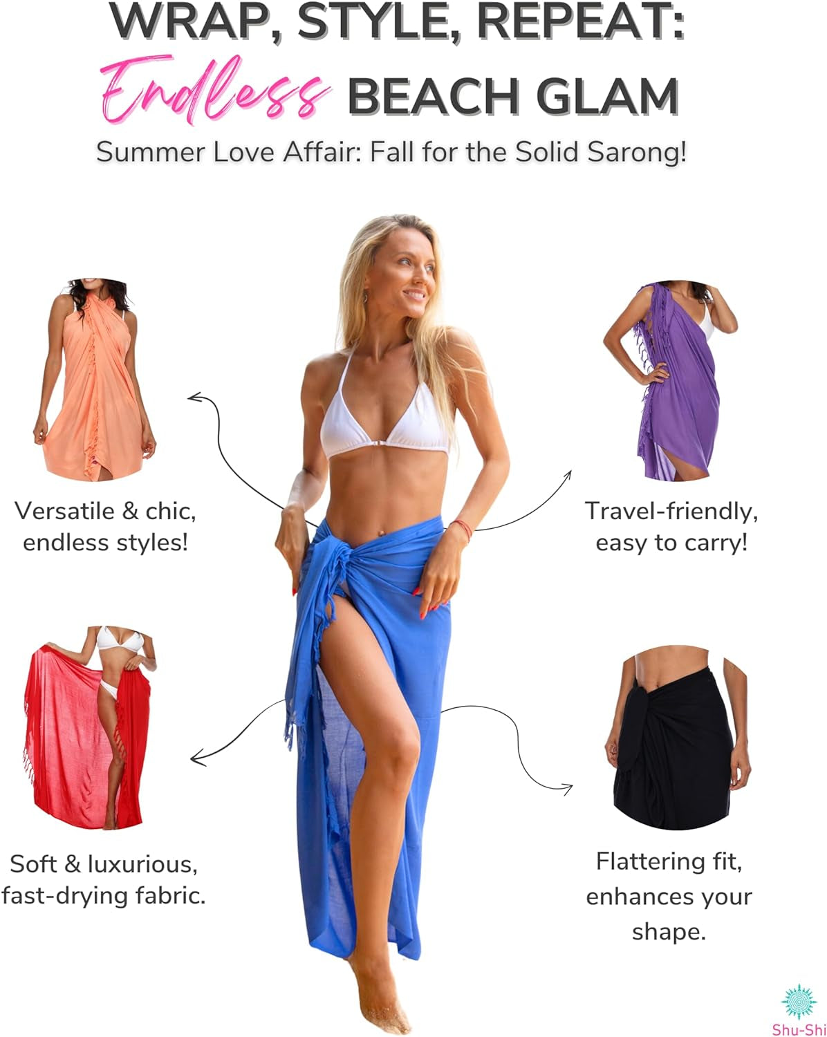 Elegant Beach SHU-SHI Women's Sarong Wrap – Swimsuit Cover Up Skirt, Beach Pareo, Travel-Friendly Wrap